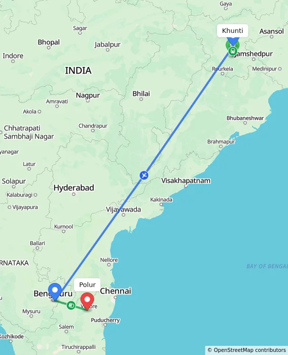 Route map showing distance and travel time from Khunti, India to Polur, India