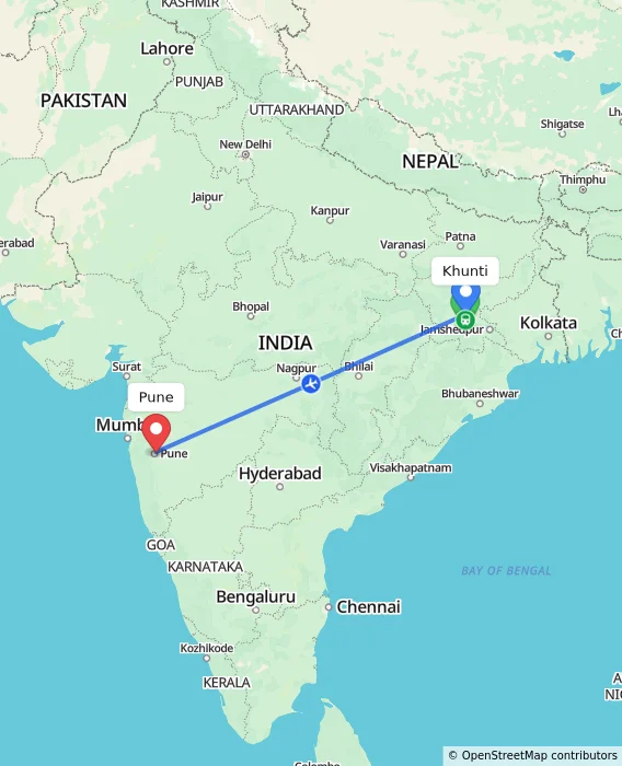 Route map showing distance and travel time from Khunti, India to Pune, India