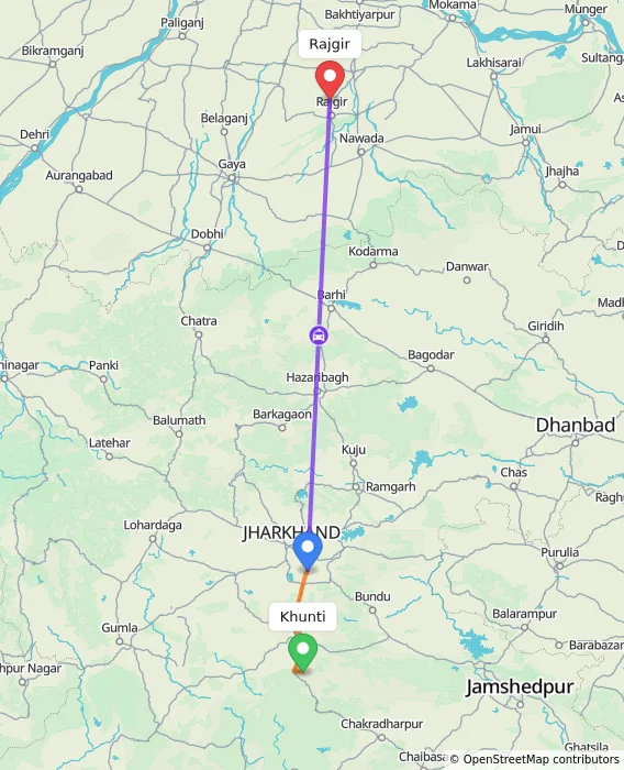 Route map showing distance and travel time from Khunti, India to Rajgir, India