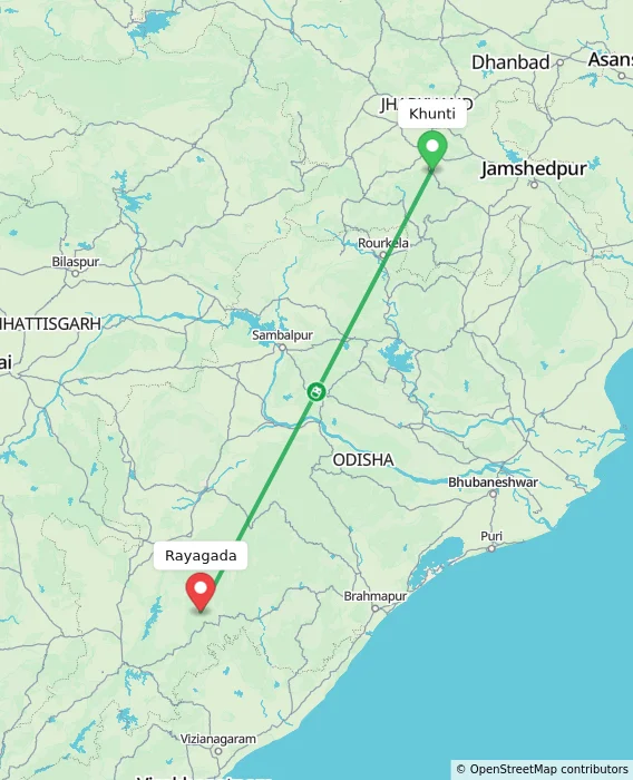 Route map showing distance and travel time from Khunti, India to Rayagada, India