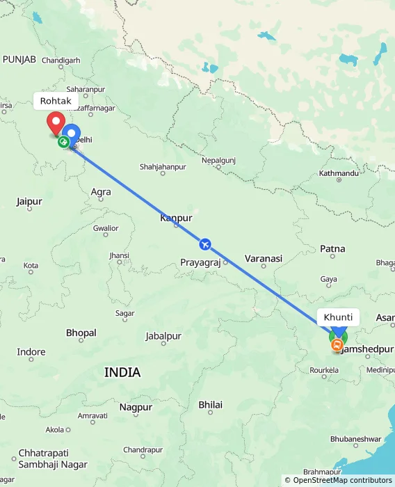 Route map showing distance and travel time from Khunti, India to Rohtak, India