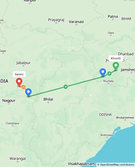 Route map showing distance and travel time from Khunti, India to Seoni, India