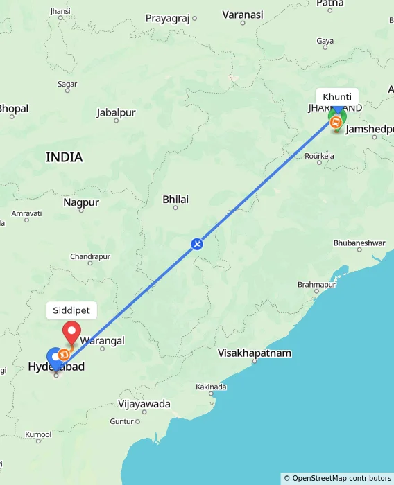 Route map showing distance and travel time from Khunti, India to Siddipet, India