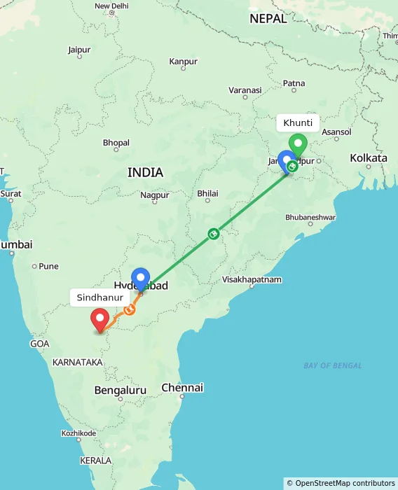 Route map showing distance and travel time from Khunti, India to Sindhanur, India
