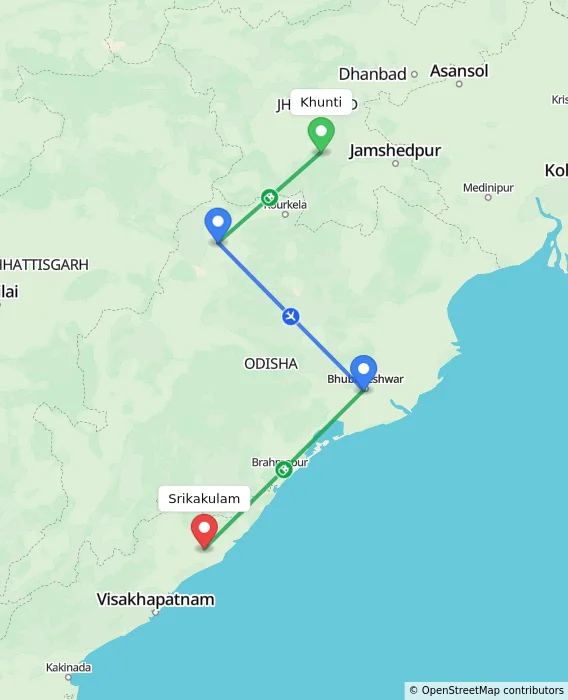 Route map showing distance and travel time from Khunti, India to Srikakulam, India