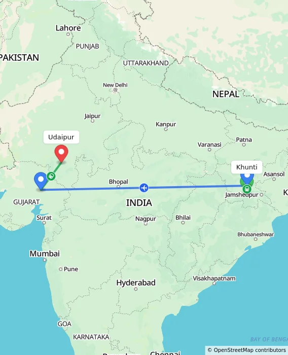 Route map showing distance and travel time from Khunti, India to Udaipur, India