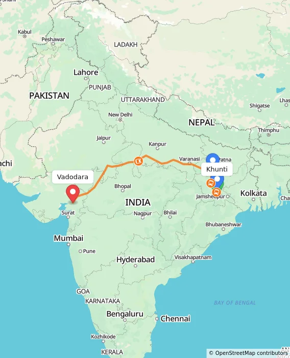 Route map showing distance and travel time from Khunti, India to Vadodara, India