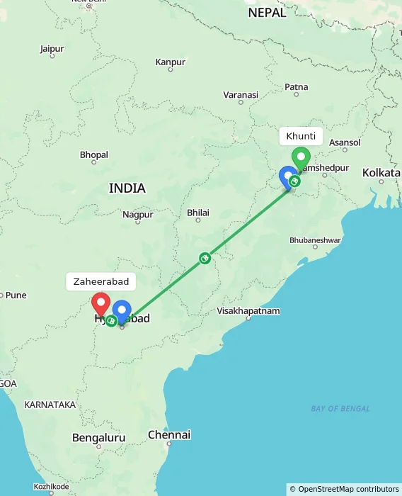 Route map showing distance and travel time from Khunti, India to Zaheerabad, India