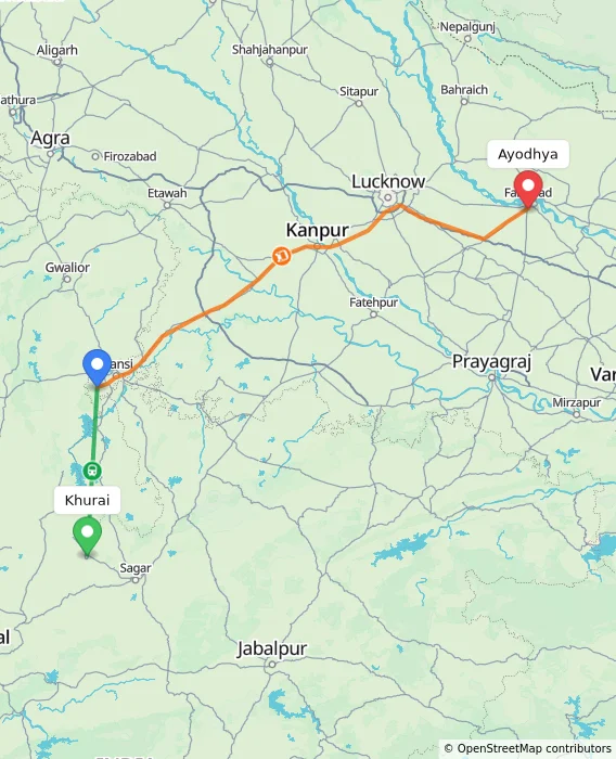 Route map showing distance and travel time from Khurai, India to Ayodhya, India