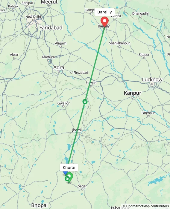Route map showing distance and travel time from Khurai, India to Bareilly, India