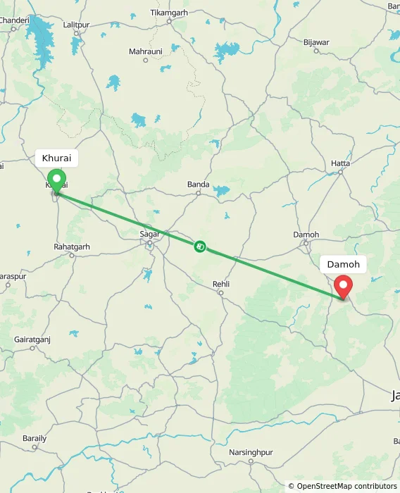 Route map showing distance and travel time from Khurai, India to Damoh, India