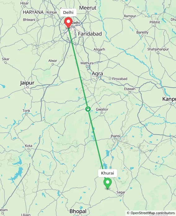 Route map showing distance and travel time from Khurai, India to Delhi, India