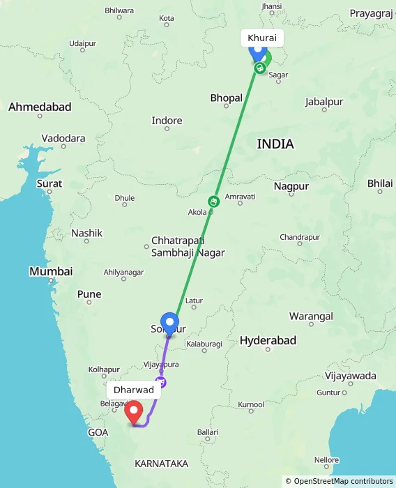 Route map showing distance and travel time from Khurai, India to Dharwad, India