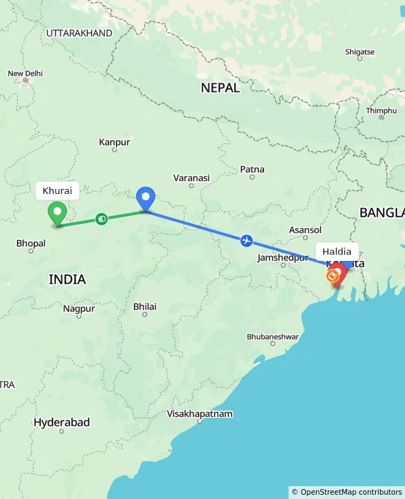 Route map showing distance and travel time from Khurai, India to Haldia, India