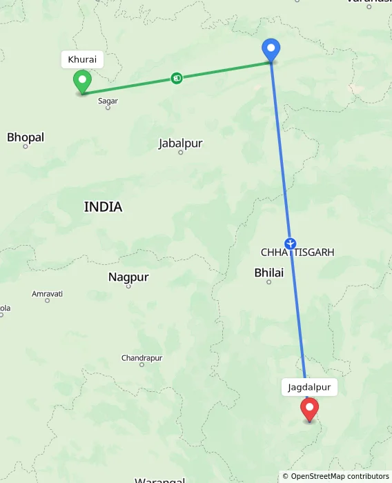 Route map showing distance and travel time from Khurai, India to Jagdalpur, India