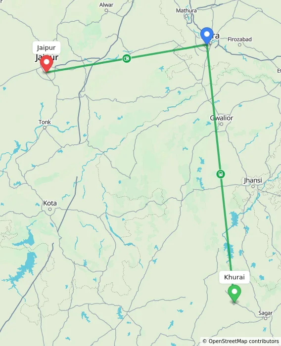 Route map showing distance and travel time from Khurai, India to Jaipur, India
