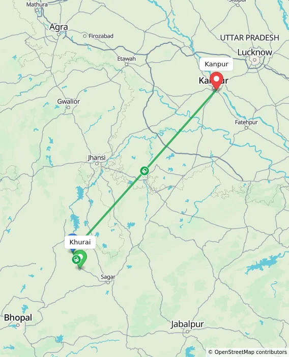 Route map showing distance and travel time from Khurai, India to Kanpur, India
