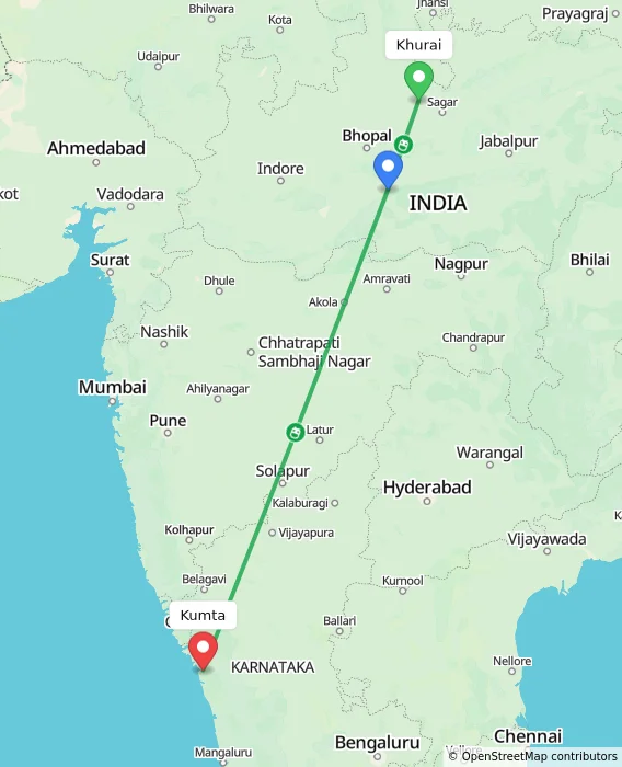 Route map showing distance and travel time from Khurai, India to Kumta, India
