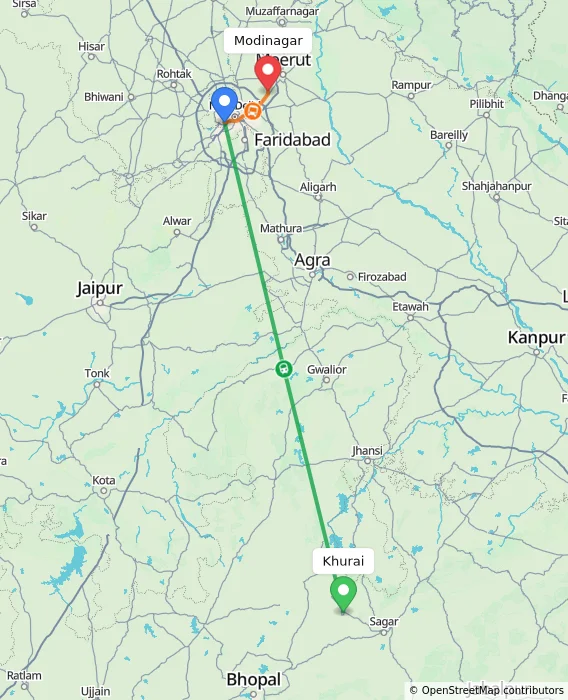 Route map showing distance and travel time from Khurai, India to Modinagar, India