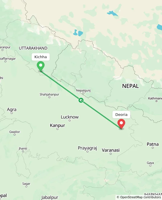 Route map showing distance and travel time from Kichha, India to Deoria, India