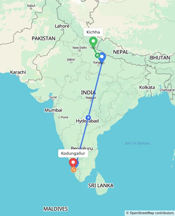 Route map showing distance and travel time from Kichha, India to Kodungallur, India