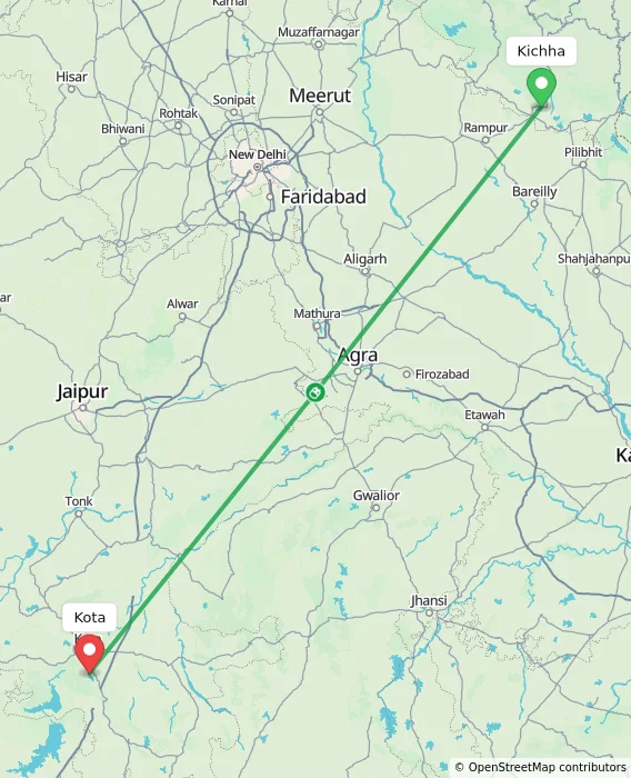 Route map showing distance and travel time from Kichha, India to Kota, India