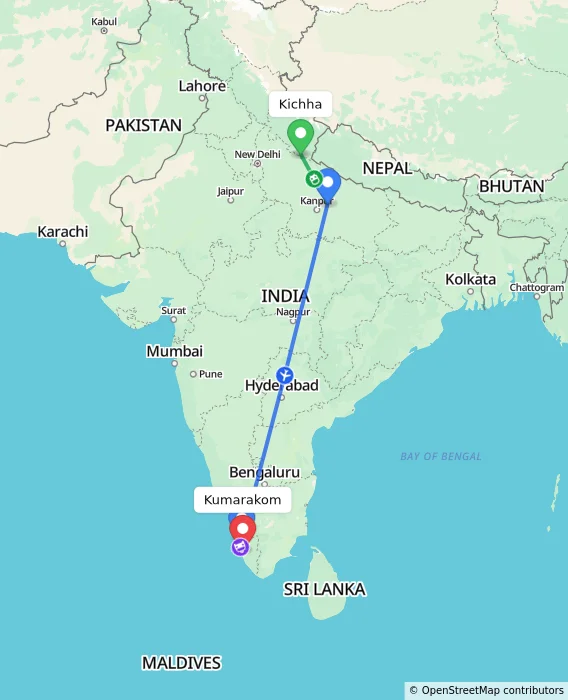 Route map showing distance and travel time from Kichha, India to Kumarakom, India
