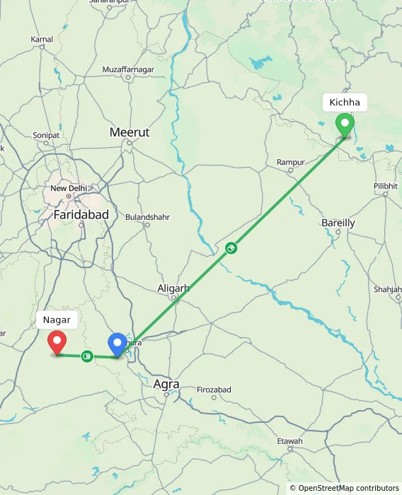 Route map showing distance and travel time from Kichha, India to Nagar, India