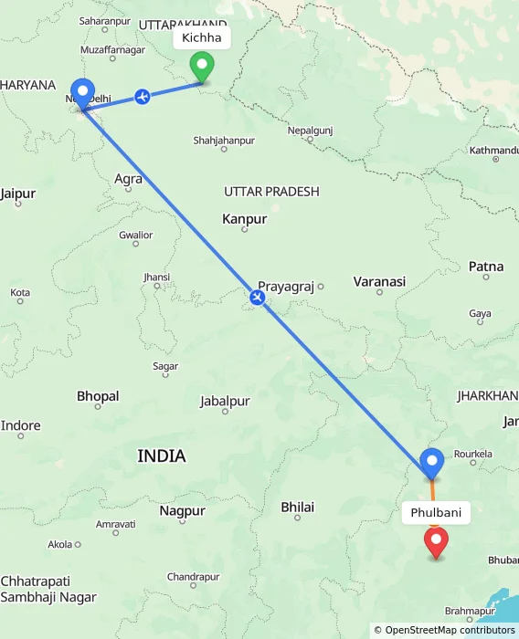 Route map showing distance and travel time from Kichha, India to Phulbani, India