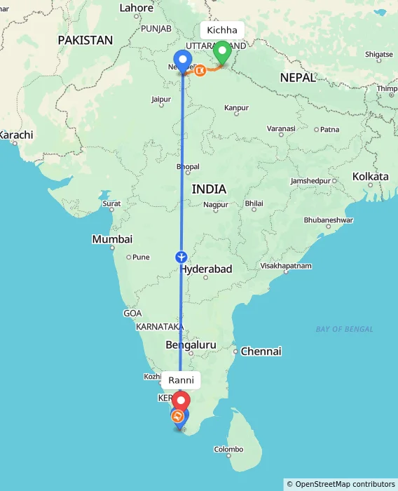 Route map showing distance and travel time from Kichha, India to Ranni, India