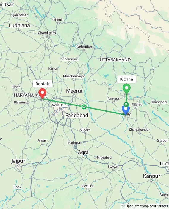 Route map showing distance and travel time from Kichha, India to Rohtak, India