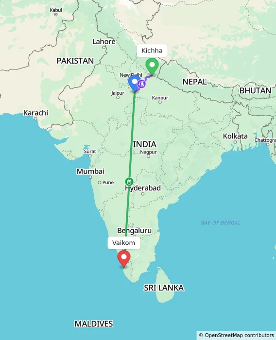 Route map showing distance and travel time from Kichha, India to Vaikom, India