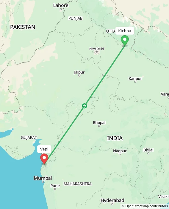 Route map showing distance and travel time from Kichha, India to Vapi, India