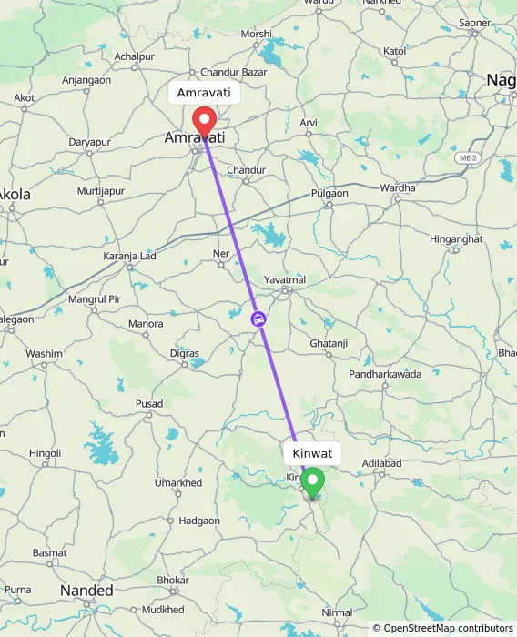 Route map showing distance and travel time from Kinwat, India to Amravati, India