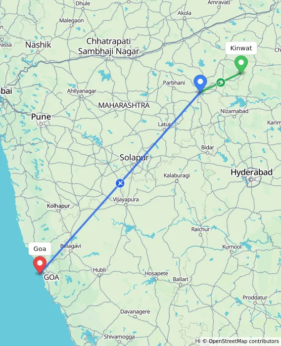 Route map showing distance and travel time from Kinwat, India to Goa, India
