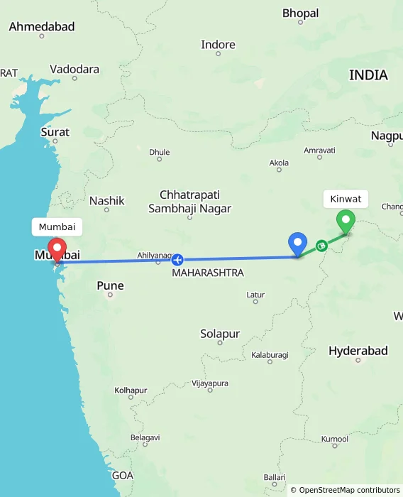Route map showing distance and travel time from Kinwat, India to Mumbai, India