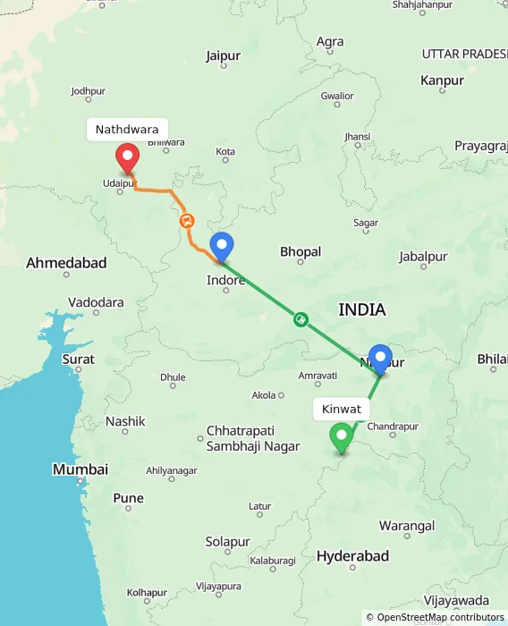 Route map showing distance and travel time from Kinwat, India to Nathdwara, India
