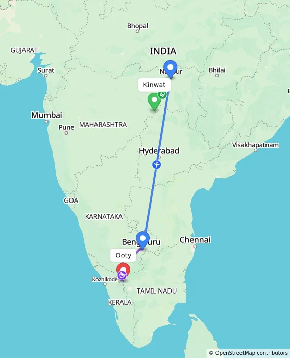 Route map showing distance and travel time from Kinwat, India to Ooty, India