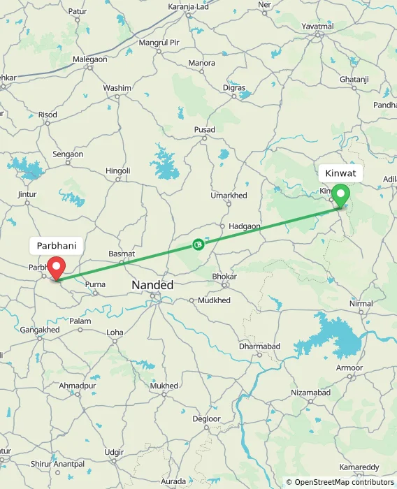 Route map showing distance and travel time from Kinwat, India to Parbhani, India