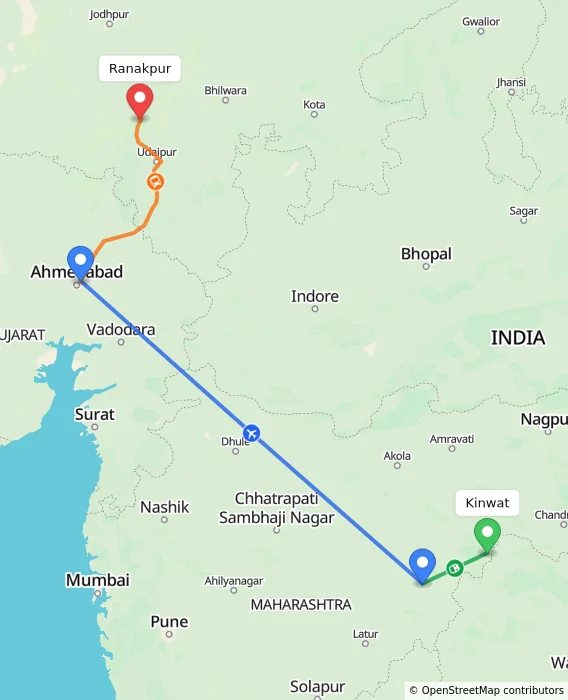 Route map showing distance and travel time from Kinwat, India to Ranakpur, India