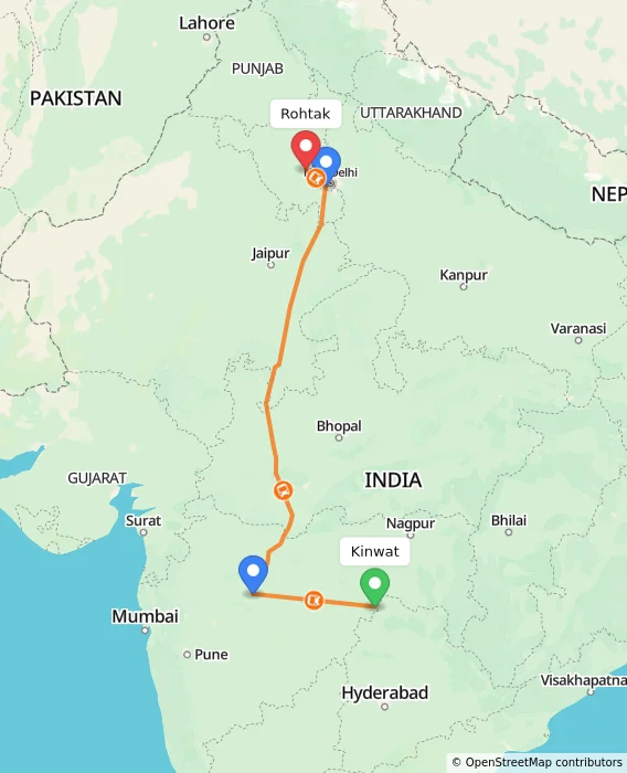 Route map showing distance and travel time from Kinwat, India to Rohtak, India