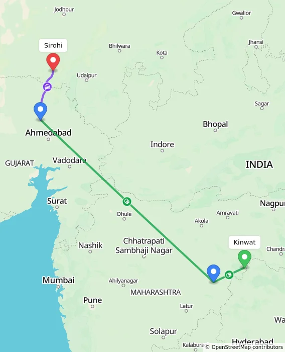 Route map showing distance and travel time from Kinwat, India to Sirohi, India