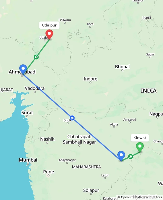 Route map showing distance and travel time from Kinwat, India to Udaipur, India