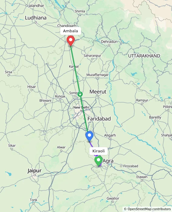 Route map showing distance and travel time from Kiraoli, India to Ambala, India