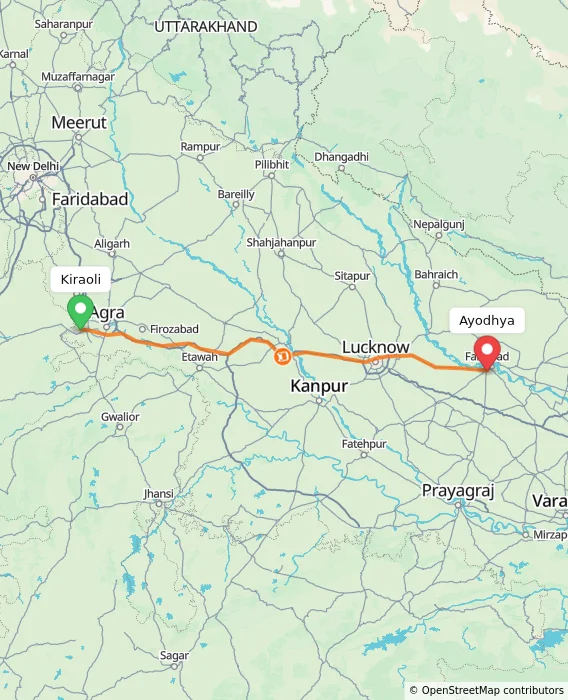 Route map showing distance and travel time from Kiraoli, India to Ayodhya, India