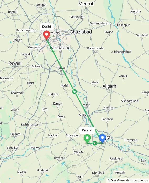 Route map showing distance and travel time from Kiraoli, India to Delhi, India