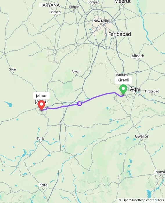 Route map showing distance and travel time from Kiraoli, India to Jaipur, India