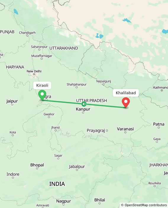 Route map showing distance and travel time from Kiraoli, India to Khalilabad, India