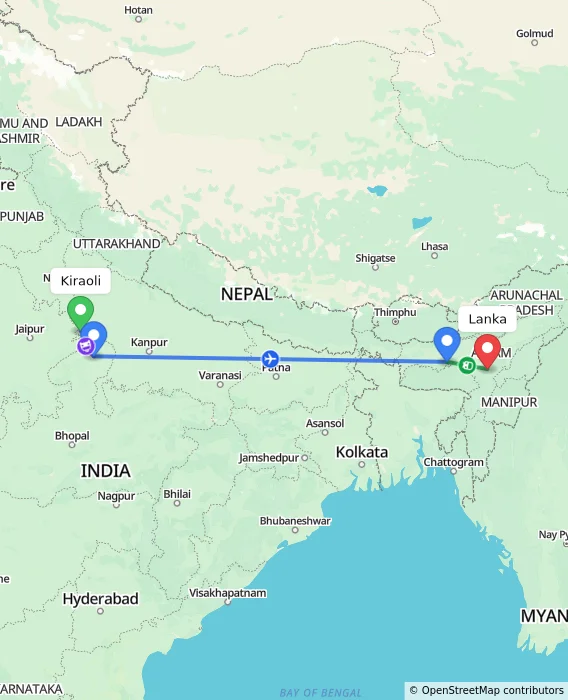 Route map showing distance and travel time from Kiraoli, India to Lanka, India