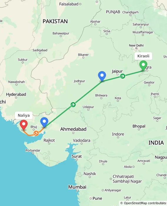 Route map showing distance and travel time from Kiraoli, India to Naliya, India